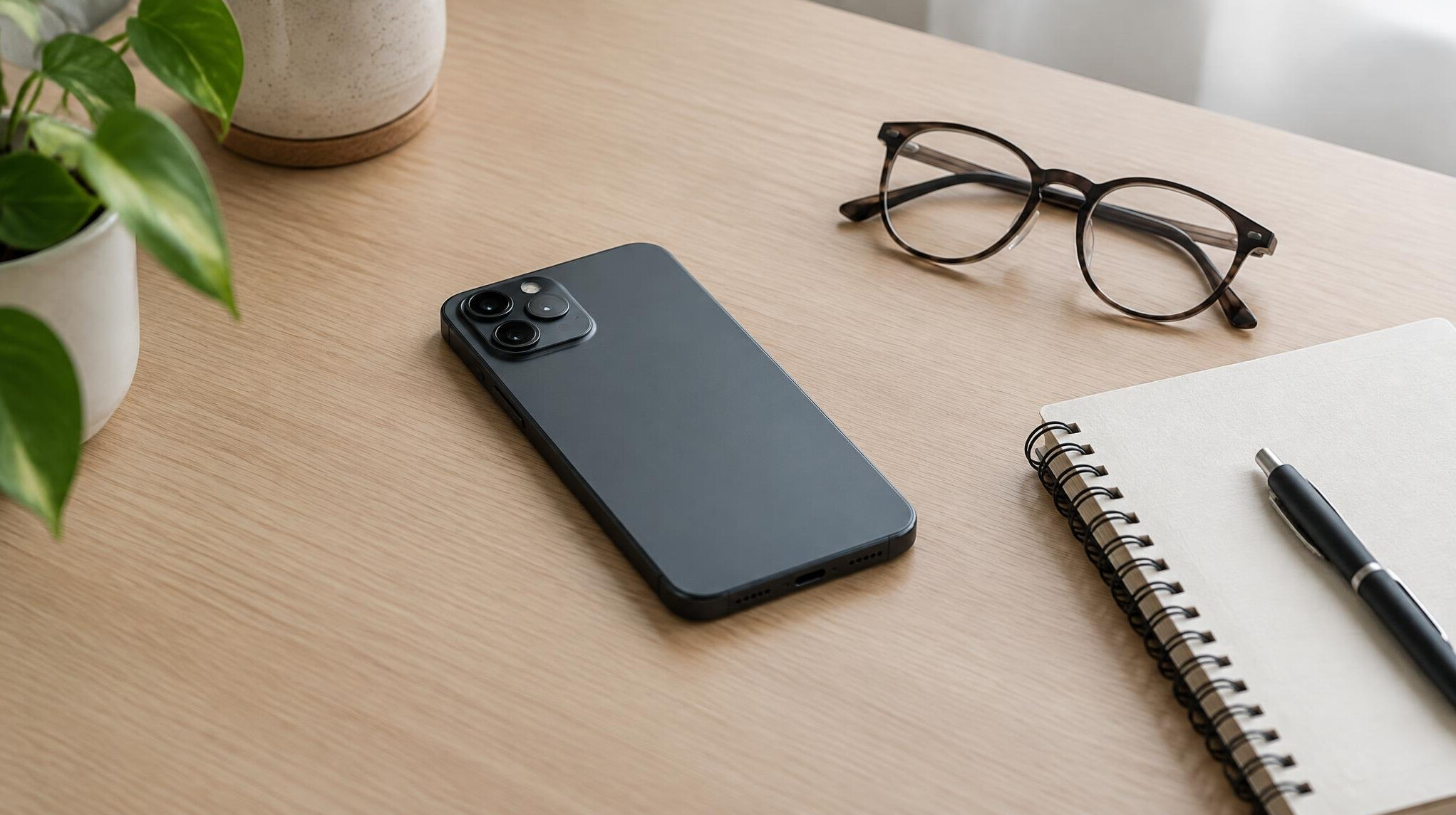Smartphone lying on a desk next to a notebook
