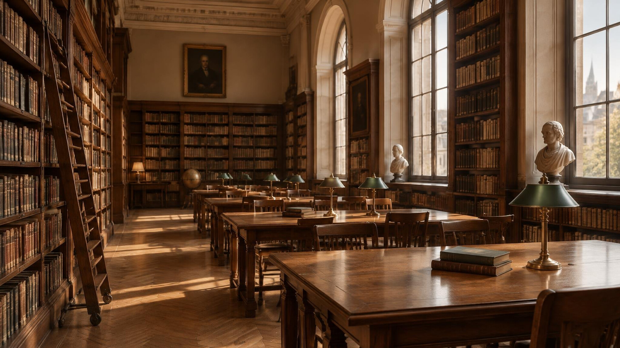 Quiet reading room of a classic library with tall shelves and warm light